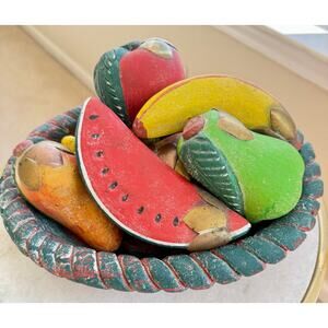 Vintage Mexican Terracotta Fruit Bowl Brass Copper 6pc Set 10.5”